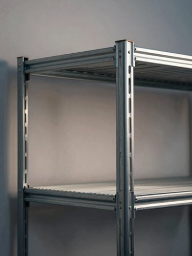 Raking sidelight close-up of a modular metal shelving unit, open frame construction, precise welded corners visible, cool studio light, bare wall behind