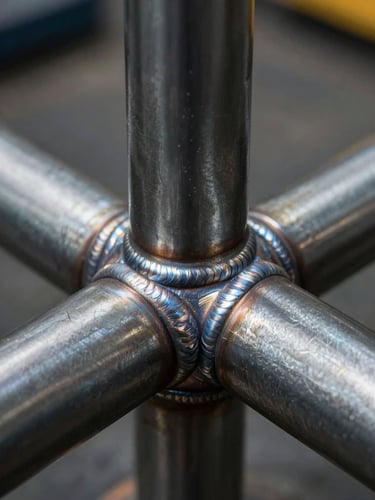 Extreme close-up of a welded steel joint under raking sidelight from the left, revealing weld bead texture and precise metal-to-metal contact, cool studio light, sharp depth of field, no background clutter
