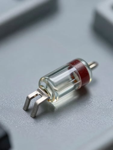 Extreme macro photography of tiny glass-encapsulated NTC thermistor beads on a clean slate gray technical grid, sharp focus on the glass envelope, sterile laboratory lighting, high-contrast.
