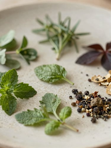 Close-up macro shot of artfully arranged fresh organic herbs and botanical ingredients on a minimalist stone plate, soft natural daylight, shallow depth of field.