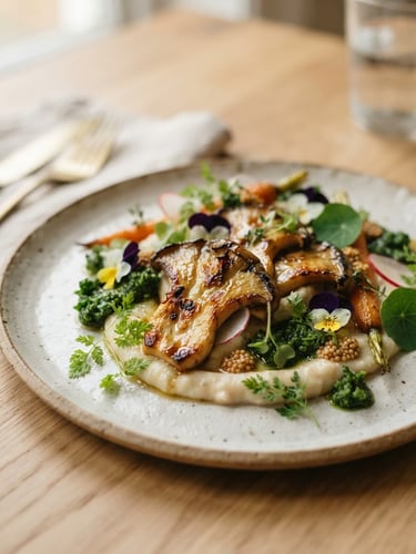 Editorial food photography of artfully plated vegan dish, minimalist table setting, soft natural daylight, muted earthy greens, macro lens, shallow depth of field