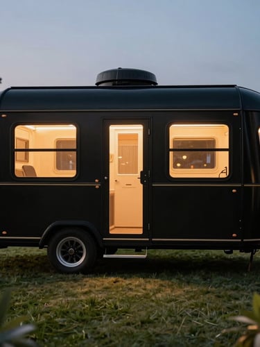 A symmetrical medium shot of a luxury mobile restroom trailer parked discreetly at a prestigious corporate event during twilight. Warm interior LED lighting glows through the frosted windows, casting a soft amber light on the manicured lawn. The exterior is matte black with subtle gold accents.