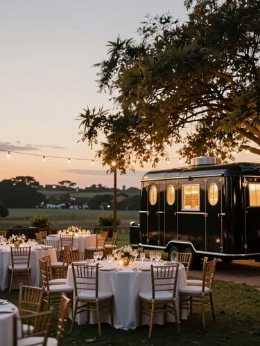 Wide panoramic view of a luxury wedding reception at twilight, an elegant black restroom trailer positioned discreetly on the right side under warm tree lights, soft golden hour glow.