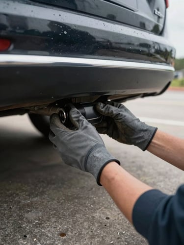 Close-up of a mechanic's hands in grey gloves probing under a car's front bumper in a daylit parking area, concrete surface below, car body angled away, overcast light, no faces visible