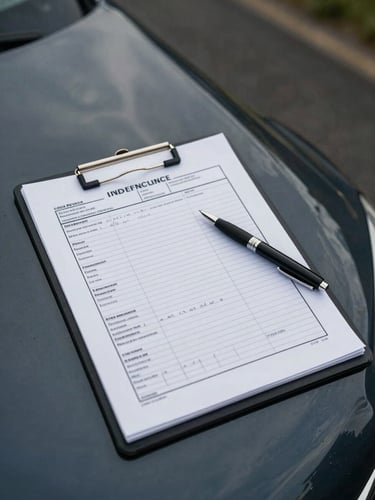 Overhead angled shot of a printed car inspection report on a clipboard resting on a car hood in daylight, a pen placed beside it, handwritten notes visible but unreadable, overcast natural light, no people