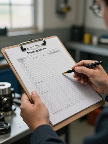 Close-up of hands holding a printed car inspection checklist on a clipboard, daylight from a side window, mechanical workshop background slightly out of focus