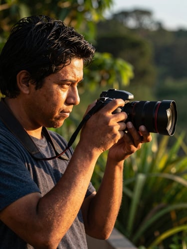 Close environmental portrait of a photographer reviewing a shot on camera in warm golden-hour light outdoors in Montería, figure occupies the left two-thirds of the frame, lush blurred greenery behind, face partially lit by side window light, hands visible holding the camera, deliberate and calm mood