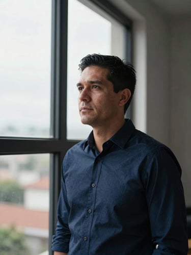 Tight portrait of a professional man near a large north-facing window in Montería, face and shoulders in soft diffused daylight, dark background, clean and intentional composition