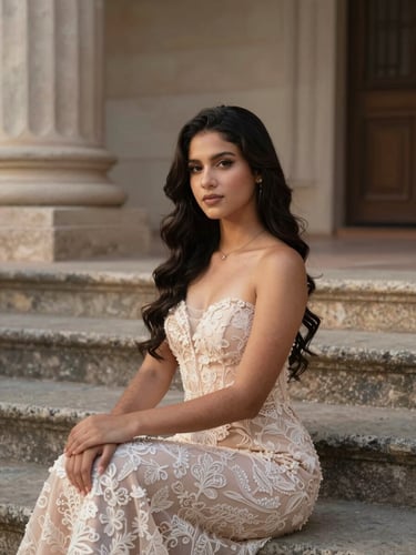 Close environmental portrait, a young woman in a delicate gown seated on stone steps in soft north-facing daylight in Montería, face and shoulders lit with diffused warm light, architectural texture behind her