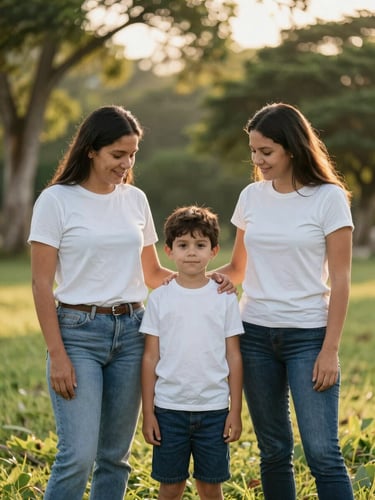 Close environmental portrait of a family of three in a green outdoor setting in Montería, golden afternoon light filtering through trees, natural interaction between parents and child, no forced poses