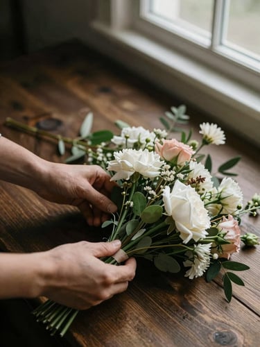 Overhead detail shot of hands arranging flowers and event decor on a dark wooden surface, soft natural light from a nearby window, warm tones, intimate and calm atmosphere