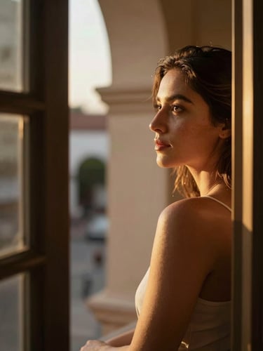Close environmental portrait — a woman in golden-hour light, face turned toward a soft open window, warm amber tones wrapping her shoulders, filmed from just below eye-level, generous dark negative space to the left, Montería architectural texture blurred in the background