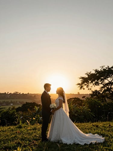 Wide establishing shot of a couple in wedding attire standing at golden hour in a lush outdoor location near Montería, warm backlighting creating a soft rim around their silhouettes, low horizon and open sky