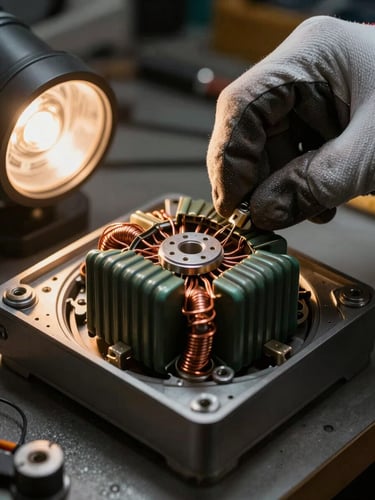 Tight close-up of a stabilizer's internal transformer core and copper winding visible through an open panel, technician's gloved hand adjusting a connection point, warm tungsten workshop light from the left, dark steel chassis framing the shot