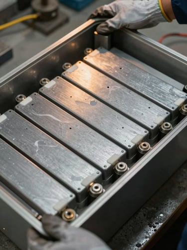 Close-up environmental shot of lead-acid battery cell plates inside an open battery casing on a workshop bench, warm tungsten workshop light casting amber highlights on the grey lead plates and white separator material, technician's gloved hands visible at the edge steadying the casing, dark concrete workshop floor visible below