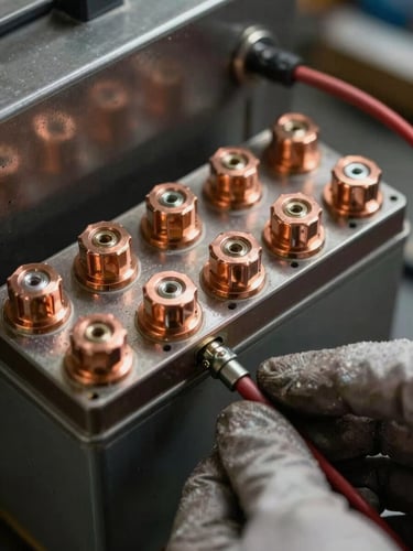 Extreme close-up of a lead-acid battery terminal block under warm tungsten workshop light, copper connectors and solder joints filling the frame, a technician's gloved hand steadying a cable in the lower right, dark steel panel behind, shallow depth of field