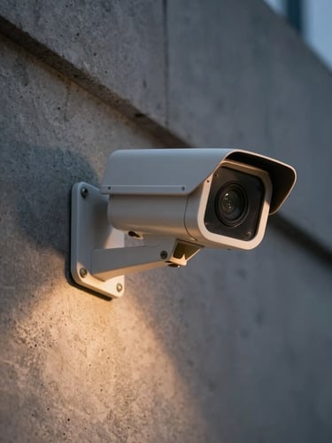 Close-up of an installed security camera mounted on a concrete exterior wall at dusk, tungsten light from a nearby fixture casting warm shadows on the surface, dark sky visible behind the lens, no people, tight framing with shallow depth of field