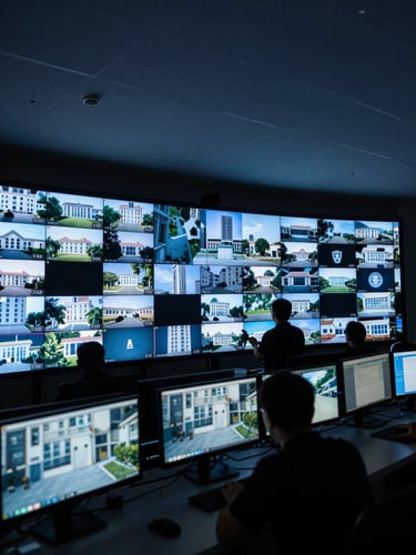 Wide environmental shot of a security operations room at night, rows of monitoring screens displaying live feeds from multiple buildings, a single operator silhouetted against the blue-tinted glow of the screens, dark ceiling above, no ambient light except the monitors