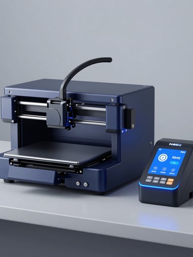 Sleek industrial 3D printer and automated fiscal terminal on a clean slate gray workbench, cool crisp studio lighting, electric blue highlights, sharp focus