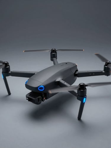Sleek enterprise drone with multi-rotor design captured in a cool crisp studio lighting, deep slate and electric blue highlights, sharp focus, 50mm