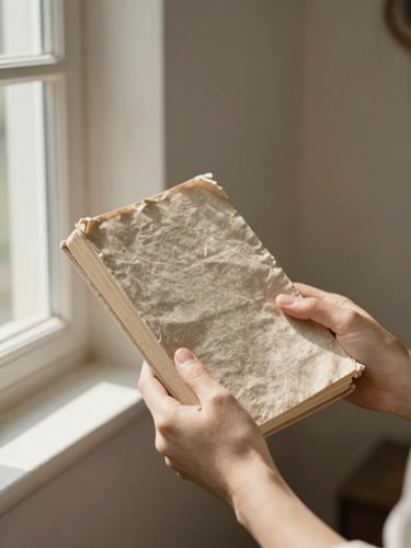 A close-up of hands holding a worn linen book in soft morning window light, warm shadows on a plaster wall