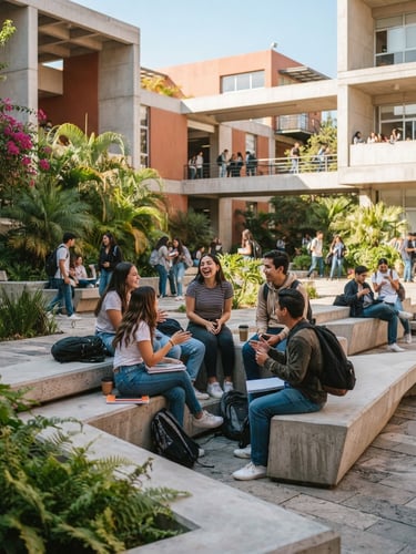 Bright editorial photography of a modern Mexican campus courtyard, students sitting on concrete benches talking, warm natural daylight, 35mm lens
