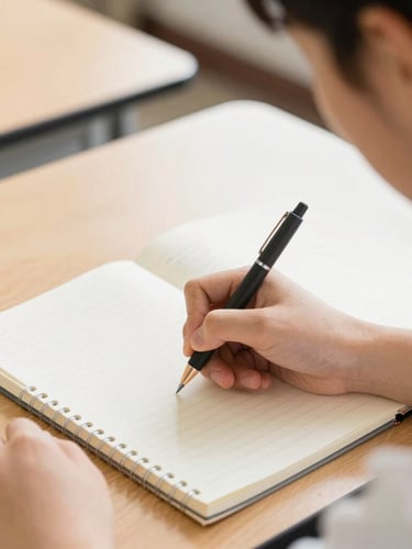 Close-up over-the-shoulder shot of a student writing in a clean notebook in a sunlit classroom, bright natural daylight, warm tones
