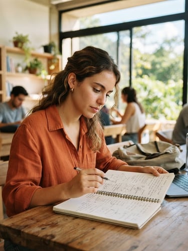 Bright editorial photography of a student looking at a notebook in a modern sunlit classroom in Morelos, warm inviting tones, clean composition, 35mm lens