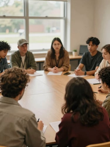 Warm editorial photography of a circle of diverse educators engaged in an active workshop, natural daylight filtering through a window, rich earthy tones, shallow depth of field, authentic classroom moment, 35mm