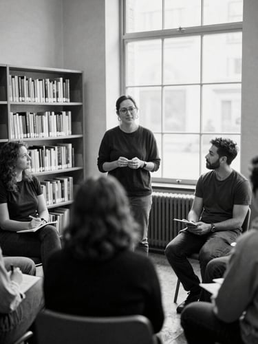 Candid environmental portrait of a community organizer leading an active roundtable discussion in a naturally lit library space, black and white, 35mm film.
