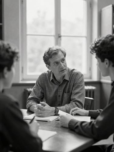 A desaturated black-and-white medium shot of a mentor and student in active discussion in a quiet, sunlit university library, natural window light, candid, 35mm film, shallow depth of field.