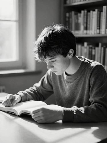 A focused student reading at a library desk, soft natural window light casting gentle shadows, high-contrast black-and-white photography, 35mm film style