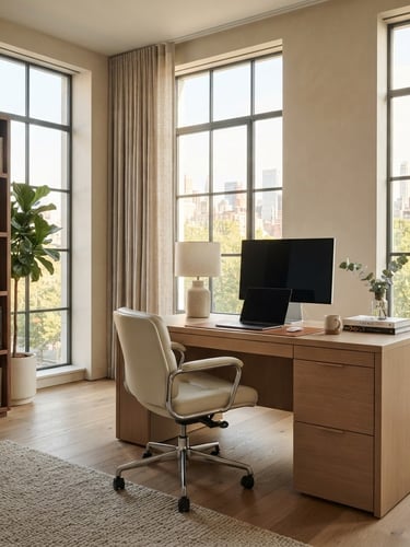 Bright editorial interior photography of a modern high-end apartment workspace, sunlit desk with ergonomic chair, large windows, warm neutral tones, wide-angle lens.