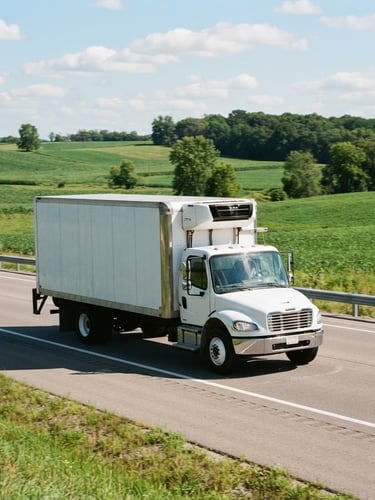 A clean, modern refrigerated delivery truck with subtle branding, driving on a scenic Midwest highway during bright natural daylight, sharp focus 35mm photography