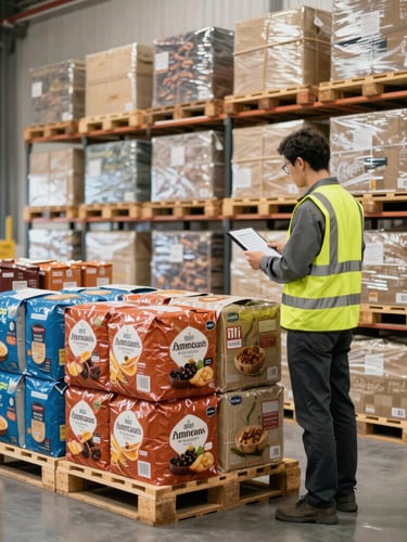 A clean, bright warehouse interior with organized pallets of specialty goods, a warehouse manager in a high-visibility vest inspects a temperature log, professional 35mm photography.