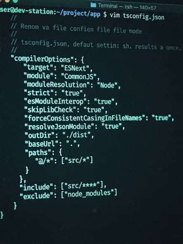 A close-up, high-contrast screenshot of a clean TypeScript configuration file inside a dark terminal interface, illuminated by a soft neon-mint screen glow.