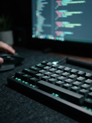 Macro shot of physical developer workspace with mechanical keyboard, soft screen-glow lighting, deep slate and neon mint tones, shallow depth of field
