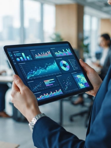 Close-up of a tablet showing a data analytics dashboard with charts and graphs, held by a professional in a modern office, bright natural light, cool tones, sharp focus, 35mm