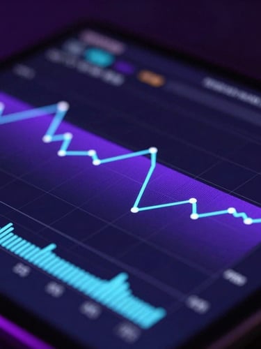 Extreme close-up of a high-resolution Android tablet displaying real-time memory allocation graphs, neon violet and cyan glowing lines, low-key dark studio environment.