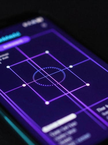 Extreme macro close-up of a high-resolution Android mobile screen displaying a complex neon-violet vector schematic interface, dark ambient studio lighting with electric cyan rim lights, shallow depth of field