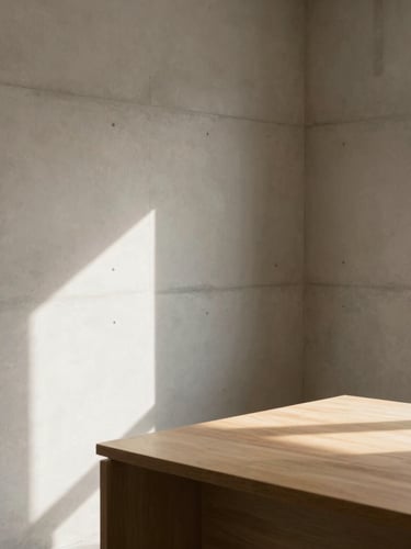 Minimalist architectural crop of a clean concrete office corner, soft natural north-facing daylight casting sharp geometric shadows on a warm timber desk, 35mm