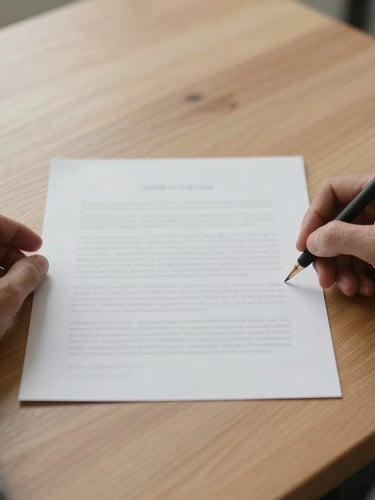 Close-up of hands signing a clean, single-page document on a textured oak table, soft north-facing daylight, minimalist architectural composition