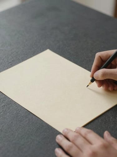 Close-up of hands signing a clean cream-colored document on a dark slate table, soft indirect daylight, minimalist architectural crop, 35mm