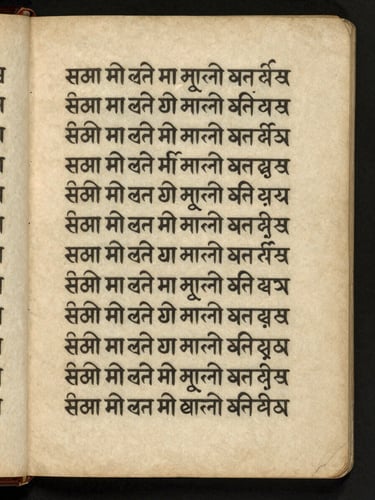 Flat lay of an ancient open Sanskrit manuscript on textured aged parchment paper, soft diffused library light, macro details of ink calligraphy, scholarly and archival