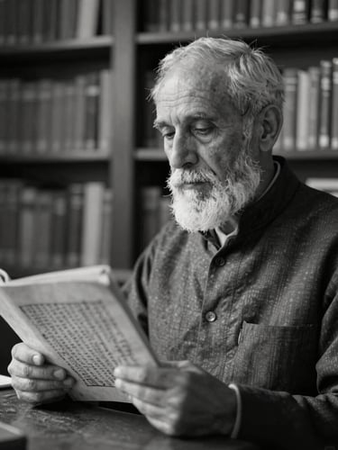 Archival black and white portrait of a yoga scholar studying ancient texts, soft diffused library light, muted parchment tones, 35mm