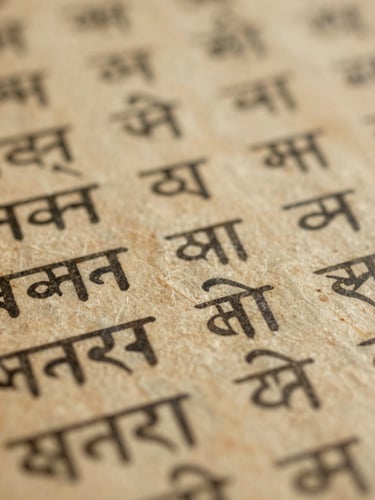 Macro close-up of ancient aged manuscript paper with faint traditional Sanskrit calligraphy, soft diffused library light, warm parchment tones, 35mm archival photography.