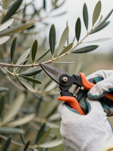 Close-up of hands wearing working gloves carefully making a clean pruning cut on a thick olive branch using professional bypass shears, crisp agricultural photography, natural overcast daylight