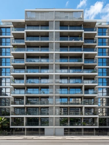 Straight-on architectural photography of a modern building facade in Rio de Janeiro, bright natural daylight, crisp depth of field, blue sky reflection