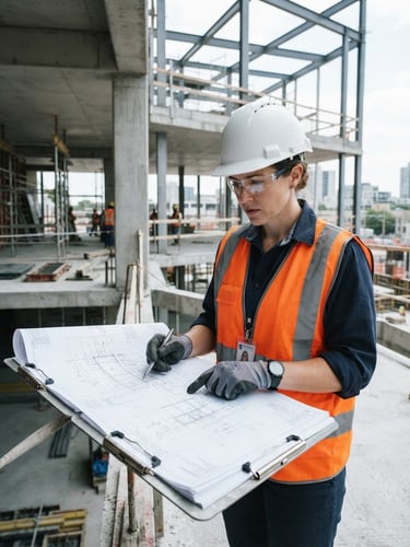 Sharp architectural photography of a professional civil engineer in safety gear reviewing technical blueprints on a clipboard, bright natural daylight, concrete gray tones