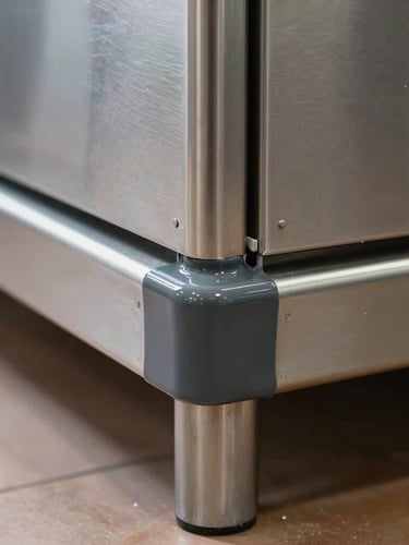 Macro detail of perfectly sealed dark grey epoxy transition meeting stainless steel baseboards in a commercial kitchen, bright even architectural lighting.